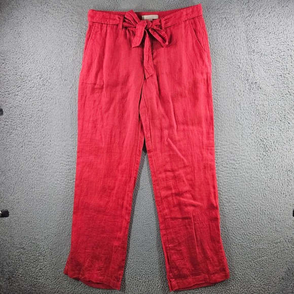 Banana Republic Pants - Banana Republic Red 100% Linen Straight Leg Tie Waist Pants Womens 4 High Rise